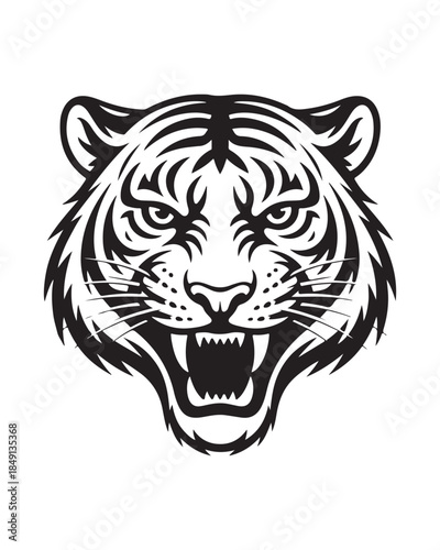 A fierce tiger head is depicted roaring with an open mouth and sharp teeth in a bold black and white style