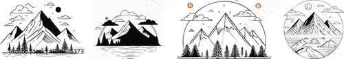 Clean line art mountain landscape library with simple thin outlines calm peaks minimalist scenic style
