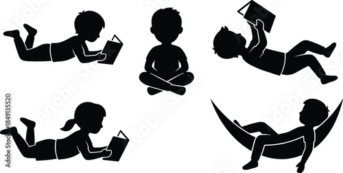 Children reading in relaxed positions icon set, black silhouette illustration of literacy, leisure, and immersive learning concept graphic