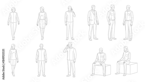 Vector Set of Human Line Art Silhouettes: Men and Women Standing and Sitting in Various Poses for Architectural Floor Plans and Landscape Design Projects
