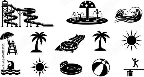 Summer water park, icon set, vector, silhouette,
