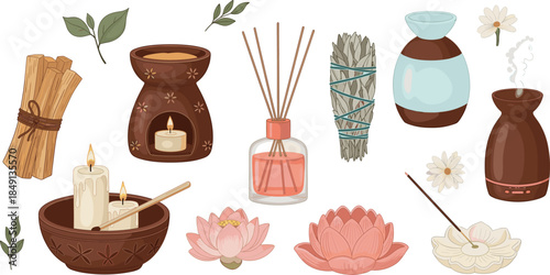 Aromatherapy and meditation elements set with candles incense flowers and essential oil diffuser, relaxing wellness vector illustration