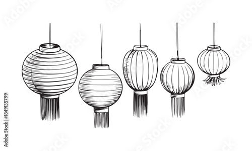 Five hanging Chinese lanterns of different traditional shapes with decorative tassels are displayed clearly