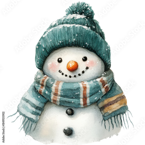 Snowman in Green Hat Scarf on transparent background