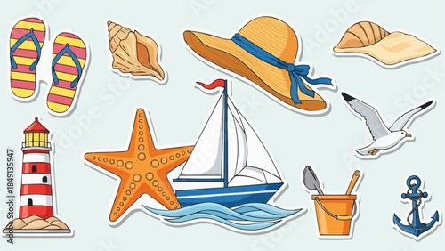 Collection of Beach and Nautical Themed Objects for Summer Vacation.