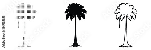 Three stylized palm trees in different graphic styles: silhouette, outline, and faded.