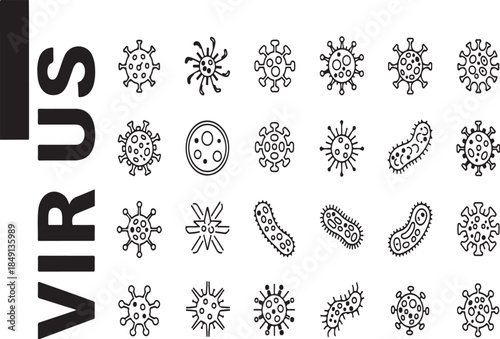 Various Virus Icons and Illustrations in Black and White for Medical and Scientific Use Cases