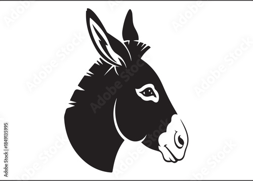 Black and White Donkey Head Silhouette Portrait with Ears Up and Alert Expression Closeup