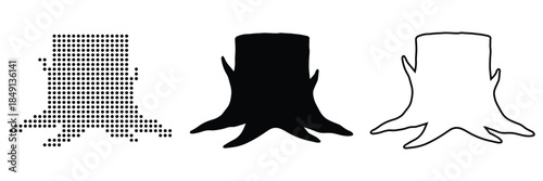 Three distinct tree stump illustrations: pixelated, solid black, and outline on white background