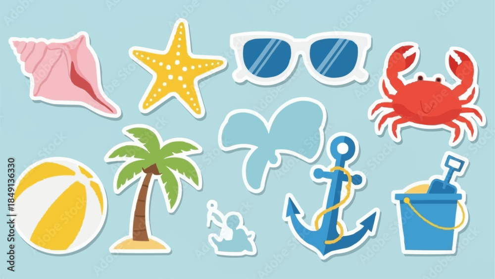 Naklejka premium Summer Beach Vacation Icons Collection with Seashell Starfish Sunglasses Crab Palm Tree.