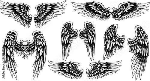 Set of illustrations of wings in engraving style. Gothic style wings tattoo. Design elements for logo, emblem, sign. Vector illustration
