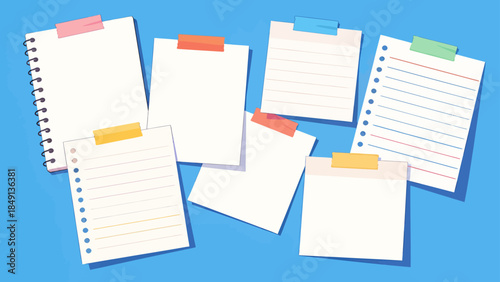 Notebooks and papers on blue background