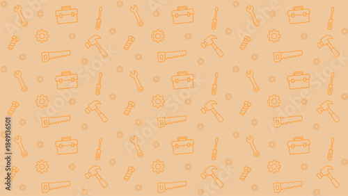 Seamless tools pattern with orange line icons of hammers, wrenches, screwdrivers, saws, toolboxes on a light beige background, representing repair, maintenance, construction, and workshop concepts