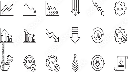 Decrease, reduction, and decline icons for business, finance, and statistics on white background