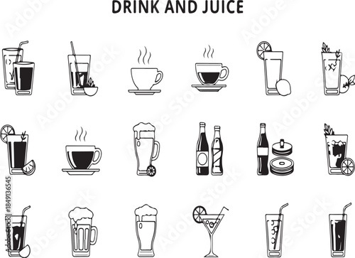 Various Drinks and Juices Icon Set, Beverage Illustrations for Food and Restaurant Concepts