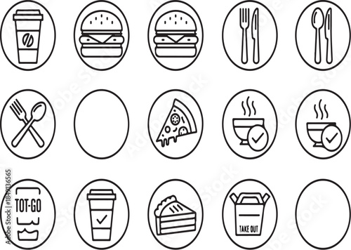 Food delivery icons set, including burger, pizza, cake, coffee, and utensils for restaurant or takeout