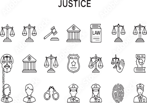 Justice system icons, law enforcement symbols, scales of justice, and legal documents illustrations set