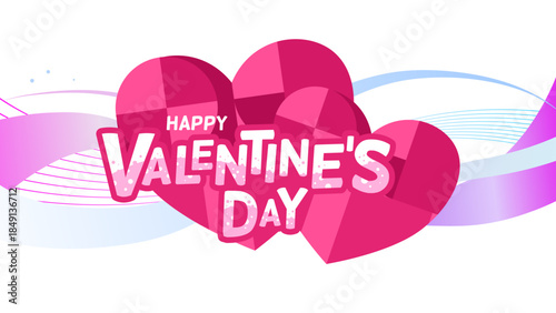 Happy valentine's day lettering on pink heart with abstract waves background