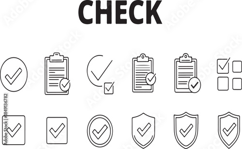 Checklist Icons for Verification and Validation Purposes with Checkmarks and Shields