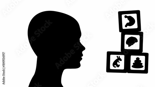 AI robot silhouette brainstorming baby names, concept of artificial intelligence in naming choices.