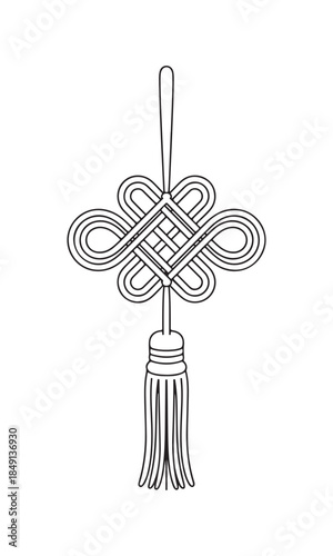 An intricate black outline drawing of a traditional Chinese lucky knot with a decorative tassel