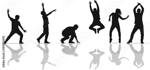 Dynamic silhouette poses, expressive human movement, mirrored reflection floor, black figures, artistic stance, celebration energy, dramatic posture, visual rhythm, motion
