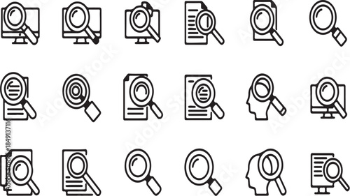 Magnifying Glass Icons for Search, Investigation, and Research on Various Devices and Documents