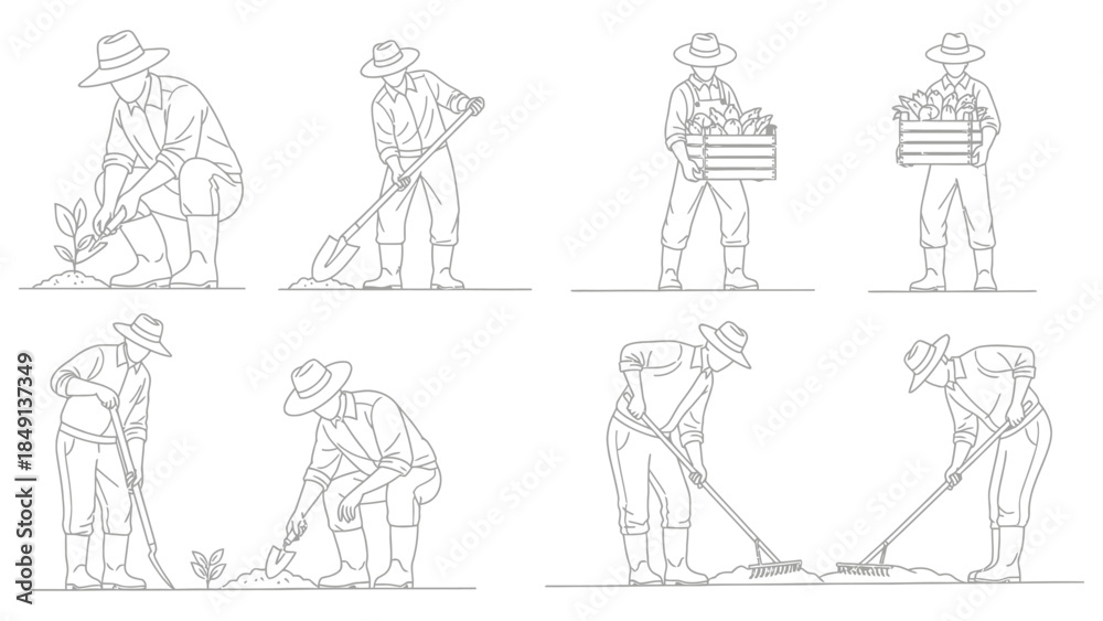 Fototapeta premium Set of Various Gardener and Farmer Line Art Illustrations: Men and Women Working in the Garden, Raking, Digging, Carrying Crates, Planting, and Landscaping Design Elements
