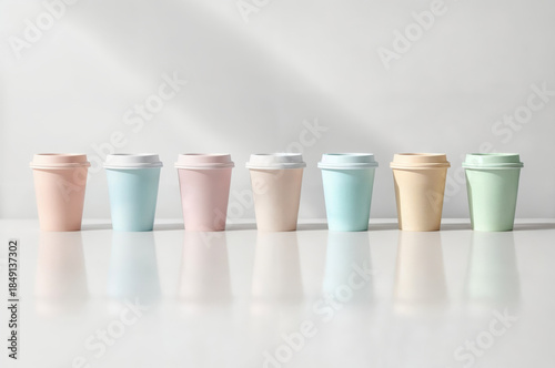 Colorful coffee cups arranged in a line on a table with light reflecting on them