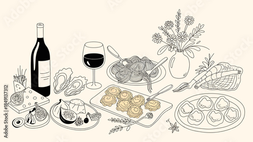 Delicious Meal Illustration with Wine, Seafood, and Pastries