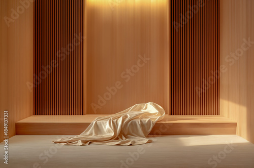 Soft fabric drapes on a wooden platform in a bright room during daylight hours