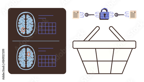 Brain scans alongside a network-locked padlock and a shopping basket illustrating healthcare data, privacy, innovation, e-commerce, medical research, cybersecurity, and ethical tech. A simple flat