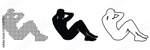 Person performing a sit-up exercise, shown in three artistic styles: pixelated, silhouette, and outline.