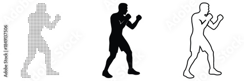 Dynamic boxer in fighting stance, represented by silhouette, outline, and pixelated form.