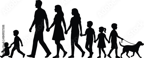 Family walking with dog icon set, black silhouette illustration of togetherness, leisure, and outdoor companionship concept graphic