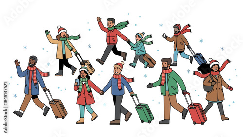 Diverse group of travelers with luggage enjoying outdoor activity on a sunny day