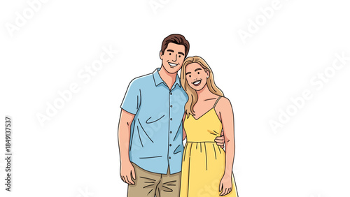Young loving couple standing outdoors happy smiling at camera