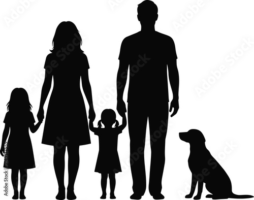 Family with children and dog icon set, black silhouette illustration of unity, parenting, and companionship concept graphic