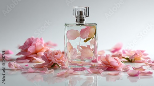 Elegant perfume bottle with pink rose petals