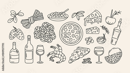 Delicious Food and Drink Illustrations, Black and White Line Art
