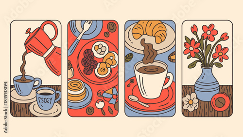 Vibrant Breakfast Scene with Coffee, Pastries, and Flowers