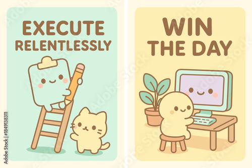Kawaii Motivational Banners. Execute relentlessly. Two vertical A6 banners with safe margins, centered composition, no elements touching edges, kawaii, pastel