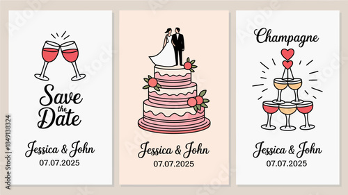 Wedding Save the Date Cards with Cake, Champagne, and Wine Glasses
