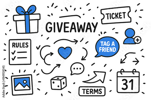 Giveaway Campaign Icons. // Giveaway campaign. Hand-drawn doodle illustration giveaway campaign [gift box with bow (accented), entry ticket (accented), rules