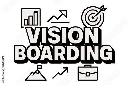 Geometric Vision Boarding. Bold Block Lettering ? "Vision Boarding" in massive bold geometric letters, stacked block composition, heavy outlines with subtle