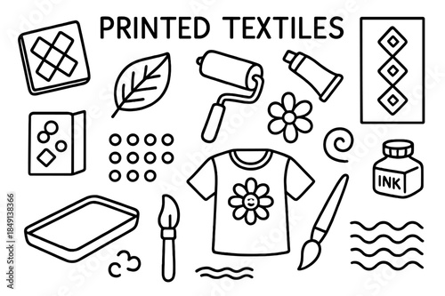 Textile Printing Icons. Printed textiles. Hand-drawn doodle illustration printed textiles stamp, roller, paint tube, pattern stencil, leaf shape, flower,