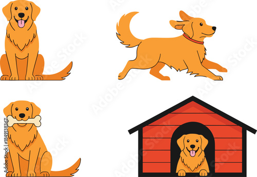 Cute dog cartoon set with sitting running puppy and doghouse, friendly pet character collection vector illustration