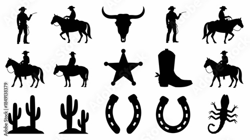 Black Silhouette Western Icons Set, Cowboy, Cactus, Horse, and Rodeo Symbols