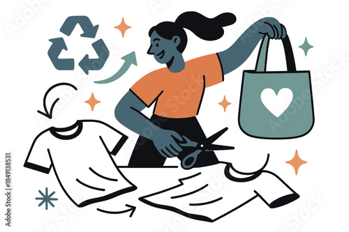 Eco-Friendly Tote Revival. Upcycling and creative reuse of materials. Individual making tote bags from old t-shirts with abstract floating icons, arrows, and