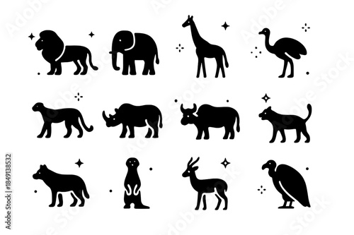Savanna Animals Icons. Savanna Animals. Solid icons set of Savanna Animals: lion, elephant, giraffe, zebra, cheetah, rhino, buffalo, ostrich, hyena, meerkat,